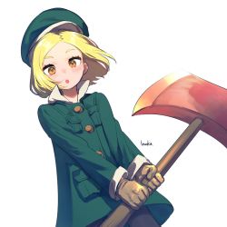 Rule 34 | 1girl, artist name, axe, beret, blonde hair, coat, fate/grand order, fate (series), fumiko (throughx2), gloves, green coat, hat, holding, holding weapon, looking at viewer, paul bunyan (fate), short hair, solo, weapon, white background, yellow eyes