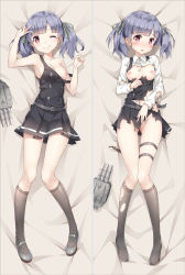 Rule 34 | 10s, 1girl, ;), arm up, ass, bakugadou, bare shoulders, bed sheet, belt, black dress, blue hair, blush, breasts, buttons, closed mouth, collared shirt, dakimakura (medium), dress, eyebrows, full body, gluteal fold, green ribbon, grey footwear, grey socks, groin, hair ribbon, kantai collection, kneehighs, knees together feet apart, long sleeves, looking at viewer, lying, machinery, mary janes, multiple views, navel, nipples, no bra, no panties, no shirt, no shoes, on back, one eye closed, ooshio (kancolle), open mouth, pinafore dress, red eyes, remodel (kantai collection), ribbon, school uniform, shirt, shoes, short twintails, sleeveless, sleeveless dress, small breasts, smile, socks, thigh gap, thigh strap, thighs, torn clothes, torn dress, torn legwear, torn shirt, torn socks, twintails, v, white shirt