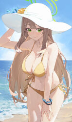 Rule 34 | 1girl, absurdres, bare shoulders, beach, bikini, blue archive, bracelet, breasts, cleavage, day, front-tie bikini top, front-tie top, green halo, halo, hat, highres, jewelry, large breasts, light brown hair, light smile, long hair, looking at viewer, navel, ni de pengyou, nonomi (blue archive), nonomi (swimsuit) (blue archive), ocean, outdoors, side-tie bikini bottom, solo, stomach, string bikini, sun hat, swimsuit, yellow bikini
