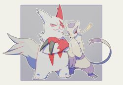 Rule 34 | border, claws, closed mouth, commentary request, creatures (company), crossed arms, furry, game freak, gen 3 pokemon, gen 5 pokemon, grey background, looking at viewer, mienshao, nintendo, outline, pokemon, pokemon (creature), s (happycolor 329), smile, standing, white border, zangoose