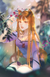 Rule 34 | 1girl, animal ears, arm up, black skirt, breasts, brown hair, day, flower, fuwaffy, highres, holding, holding hair, holo, legs together, long hair, medium breasts, pouch, purple shirt, red eyes, red flower, shirt, sitting, skirt, solo, spice and wolf, sunlight, tail, thighs, very long hair, wolf ears, wolf girl, wolf tail