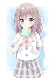 Rule 34 | 1girl, blue eyes, blush, bow, brown hair, closed mouth, commentary request, food, grey sailor collar, grey skirt, hair between eyes, hair ornament, hair ribbon, hairclip, highres, holding, holding food, ice cream, long hair, looking at viewer, nakkar, one side up, original, pink bow, plaid, plaid sailor collar, plaid skirt, pleated skirt, ribbon, sailor collar, shirt, short sleeves, skirt, solo, sweat, white shirt