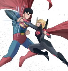 Rule 34 | 1boy, 1girl, black hair, blue bodysuit, bodysuit, boots, cape, dc comics, full body, highres, jourd4n, melee, my adventures with superman, punching, simple background, size difference, supergirl, superhero costume, superman, superman (series), superman logo