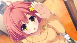Rule 34 | 1girl, ameto yuki, antenna hair, blush, breasts, chair, doumyouji moemi, female focus, from above, game cg, hand up, large breasts, looking at viewer, open mouth, pure x connect, red hair, short hair, sitting, skirt, solo, wooden floor, yellow eyes
