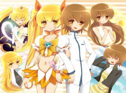 Rule 34 | 10s, 1girl, alternate costume, bad id, bad pixiv id, blonde hair, bow, brooch, brown eyes, brown hair, cure sunshine, cure sunshine (super silhouette), cure sunshine mirage, dual persona, heart, heart-shaped pupils, heart brooch, heartcatch precure!, jewelry, kodamari, long hair, magical girl, midriff, multiple persona, myoudouin itsuki, navel, orange bow, orange skirt, precure, school uniform, short hair, skirt, symbol-shaped pupils, twintails, yellow bow, yellow eyes