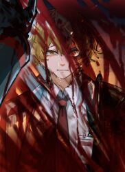 Rule 34 | 1boy, arm up, armor, black coat, blonde hair, blood, coat, collared shirt, crying, different reflection, earrings, facial mark, forehead mark, highres, id card, jewelry, limbus company, long sleeves, looking at viewer, male focus, messy hair, necktie, parted lips, pauldrons, project moon, red necktie, reflection, shiqicheng, shirt, shoulder armor, sinclair (project moon), wax seal, white coat, white shirt, yellow eyes