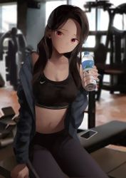 Rule 34 | 1girl, absurdres, blush, bottle, breasts, cleavage, earrings, gym, highres, holding, holding bottle, jacket, jewelry, midriff, navel, nike (company), open clothes, open jacket, original, pants, red eyes, sitting, smile, sports bra, sportswear, user yzcs5234, water bottle, workout clothes, yoga pants