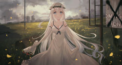 Rule 34 | 1girl, bare shoulders, bare tree, bouquet, braid, breasts, building, chihuri, cityscape, closed mouth, cloud, cloudy sky, commentary request, dress, elbow gloves, english text, field, flower, flower wreath, gloves, grass, hair flower, hair ornament, head wreath, highres, holding, holding bouquet, long hair, looking at viewer, medium breasts, original, outdoors, overcast, petals, power lines, red flower, red rose, rose, ruins, side braid, sign, silver hair, single braid, skirt hold, sky, skyscraper, sleeveless, sleeveless dress, smile, solo, tree, utility pole, very long hair, white dress, white flower, white gloves, white rose, yellow flower