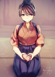 Rule 34 | 1girl, blurry, blurry background, closed mouth, depth of field, dot nose, facing viewer, genyaky, hakama, hakama skirt, houshou (kancolle), japanese clothes, kantai collection, one-hour drawing challenge, ponytail, purple hair, purple hakama, seiza, sitting, skirt, smile, solo, twitter username