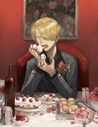 Rule 34 | 1boy, blonde hair, blue eyes, boutonniere, cake, cream puff, cup, drinking glass, eating, facial hair, flower, food, hair over one eye, indoors, looking at viewer, male focus, one piece, pastry, rose, sanji (one piece), solo, table, wine glass, yashi vv