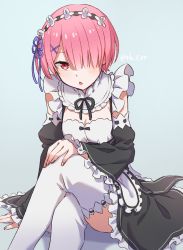 Rule 34 | 1girl, apron, blunt bangs, crossed legs, detached sleeves, dress, frilled apron, frilled dress, frilled sleeves, frills, hair over one eye, highres, blue background, maid, maid headdress, parted lips, pink hair, ram (re:zero), re:zero kara hajimeru isekai seikatsu, red eyes, ribbon, roswaal mansion maid uniform, short hair, simple background, solo, thighhighs, twitter username, yomo (rb crr)