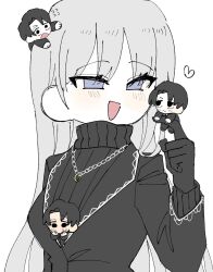 Rule 34 | 1girl, 3boys, angelica (project moon), black gloves, black jacket, black sweater, blue eyes, clone, gloves, hand up, heart, highres, husband and wife, jacket, jewelry, kitaku (ienikaeru), library of ruina, long hair, long sleeves, mini person, miniboy, multiple boys, necklace, open mouth, project moon, ring, ring necklace, roland (project moon), smile, sweater, very long hair, white hair