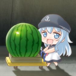Rule 34 | 1girl, anchor symbol, blue eyes, blue hair, cart, chibi, commentary request, dress, food, fruit, full body, gale kawaii, hat, hibiki (kancolle), kantai collection, long hair, open mouth, peaked cap, sailor dress, smile, solo, watermelon