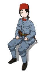 Rule 34 | 1girl, anyan (jooho), belt pouch, black footwear, black hair, blue jacket, blue pants, brown eyes, from above, full body, hat, highres, jacket, knife, long sleeves, looking at viewer, medium hair, military, military uniform, original, pants, pouch, red hat, sheath, sheathed, shoes, simple background, sitting, solo, sweatdrop, uniform, white background, world war i