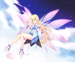 Rule 34 | 1girl, blonde hair, blue eyes, blush, cloud, colette brunel, commentary, crying, crying with eyes open, detached sleeves, dress, flower, full body, hair between eyes, head tilt, highres, holding, holding jewelry, holding necklace, jewelry, knees together feet apart, long hair, looking at viewer, necklace, nichts (nil), official alternate costume, parted lips, petals, shoes, sky, solo, tales of (series), tales of asteria, tales of symphonia, tears, transparent wings, very long hair, white footwear