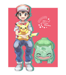 Rule 34 | 1boy, :d, artist name, border, brown eyes, bulbasaur, cocoloco, commentary request, creatures (company), dated, game freak, gen 1 pokemon, hat, holding, holding pokemon, invisible chair, jacket, looking at viewer, male focus, nintendo, open mouth, pants, pikachu, pokemon, pokemon (creature), pokemon rgby, red (pokemon), red headwear, shoes, short hair, short sleeves, sitting, smile, tongue, twitter username, white border