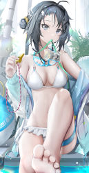 Rule 34 | 1girl, absurdres, ahoge, arknights, bikini, black hair, blue eyes, breasts, foot up, foreshortening, hair bun, hair intakes, hair ornament, hairclip, highres, holding, holding whistle, id card, la pluma (arknights), la pluma (summer flowers) (arknights), lanyard, looking at viewer, medium breasts, mouth hold, nopetroto, official alternate costume, sitting, soaking feet, soles, solo, swimsuit, thigh strap, whistle, white bikini