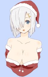 Rule 34 | 10s, 1girl, absurdres, bad id, bad twitter id, bare shoulders, blue background, blue eyes, breasts, cleavage, donguri suzume, fur trim, hair ornament, hair over one eye, hairclip, hamakaze (kancolle), hat, highres, kantai collection, large breasts, looking at viewer, open mouth, santa hat, silver hair, simple background, solo, upper body