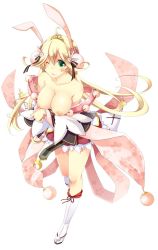 Rule 34 | 1girl, ahoge, animal ears, bad id, bad twitter id, bell, blonde hair, blush, breast lift, breasts, clothes down, commentary request, crescent, green eyes, hair between eyes, hair ornament, hair ribbon, jingle bell, kneehighs, large breasts, long hair, looking at viewer, nipples, one eye closed, pom pom (clothes), rabbit ears, rabbit hair ornament, ribbon, sandals, shironeko project, simple background, skirt, smile, socks, solo, tabi, theta (ponkotsu works), tiara, tsukimi (shironeko project), very long hair, white background