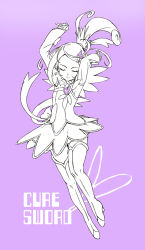 Rule 34 | 1girl, armpits, arms up, bad id, bad pixiv id, boots, brooch, character name, closed eyes, cure sword, dokidoki! precure, full body, heart, heart brooch, ichihara2929, jewelry, kenzaki makoto, monochrome, ponytail, precure, purple background, purple theme, simple background, solo, thigh boots, thighhighs