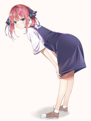 Rule 34 | 1girl, :t, absurdres, alternate hairstyle, bare legs, bent over, black skirt, blue eyes, brown footwear, butterfly hair ornament, closed mouth, from side, full body, go-toubun no hanayome, hair ornament, hands on own knees, highres, kongbai, long hair, looking at viewer, looking to the side, nakano nino, pink hair, pout, shadow, shirt, shoes, short sleeves, sidelocks, simple background, skirt, socks, solo, standing, twintails, white background, white shirt, white socks