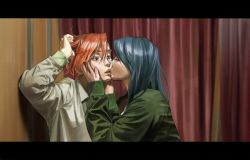 Rule 34 | 2girls, blurry, blurry background, caitlyn (league of legends), curtains, green jacket, grey shirt, highres, hv 0519, indoors, jacket, kiss, kissing cheek, league of legends, letterboxed, long hair, long sleeves, messy hair, multiple girls, red hair, shirt, short hair, vi (league of legends), yuri