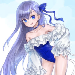 Rule 34 | 1girl, :q, ama-tou, bare shoulders, blue bow, blue choker, blue eyes, blue one-piece swimsuit, bow, choker, closed mouth, collarbone, commentary request, fate/grand order, fate (series), gluteal fold, hair between eyes, hair bow, hand on own hip, leaning forward, long hair, long sleeves, meltryllis, meltryllis (fate), meltryllis (swimsuit lancer) (fate), meltryllis (swimsuit lancer) (second ascension) (fate), one-piece swimsuit, puffy long sleeves, puffy sleeves, purple hair, sleeves past fingers, sleeves past wrists, smile, solo, strapless, strapless one-piece swimsuit, swimsuit, tongue, tongue out, very long hair