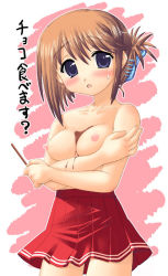 Rule 34 | 00s, 1girl, black eyes, blush, breast hold, breasts, brown hair, censored, chocolate, folded ponytail, food, food on body, hase yu, holding, komaki manaka, long hair, looking at viewer, medium breasts, nipples, open mouth, pink background, pocky, ponytail, red skirt, skirt, solo, sweatdrop, teeth, to heart (series), to heart 2, topless, translated