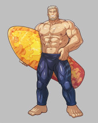 Rule 34 | 1boy, abs, bara, black male swimwear, blonde hair, body hair, brendan reed (fire emblem), bulge, fire emblem, fire emblem: the blazing blade, full body, large pectorals, leggings, legskin, male focus, male swimwear, muscular, muscular male, navel, nintendo, nipples, old, old man, pectorals, scar, scar across eye, scar on chest, scar on face, sideburns, smile, solo, swimsuit, thick thighs, thighs, topless male, zelo-lee