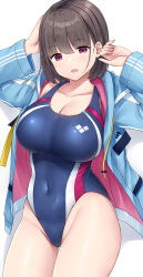 Rule 34 | 1girl, black hair, blue jacket, blue one-piece swimsuit, breasts, cleavage, collarbone, competition swimsuit, cowboy shot, hand on own head, highres, jacket, large breasts, mizunashi kenichi, one-piece swimsuit, original, red eyes, short hair, simple background, solo, swimsuit, swimsuit under clothes, white background