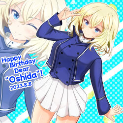 Rule 34 | 1girl, bc freedom school uniform, blonde hair, blue eyes, blush, closed mouth, dated, girls und panzer, happy birthday, highres, kumaisao, looking at viewer, oshida (girls und panzer), school uniform, short hair, smile, solo, v
