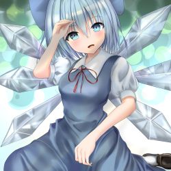Rule 34 | 1girl, :d, absurdres, arm up, blue dress, blue eyes, blue hair, blurry, blush, bokeh, bow, breasts, cirno, depth of field, dress, hair between eyes, hair bow, head tilt, highres, ice, ice wings, looking at viewer, naganegi (yvee2588), neck ribbon, open mouth, pinafore dress, puffy short sleeves, puffy sleeves, red ribbon, ribbon, shirt, short hair, short sleeves, simple background, sitting, sleeveless dress, smile, solo, touhou, white shirt, wings