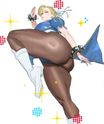 1girl ass blonde_hair blue_eyes boots bracelet bun_cover capcom china_dress chinese_clothes chun-li chun-li_(cosplay) commentary cosplay double_bun dress earrings hair_bun highres hintobento jewelry mario_(series) nintendo pantyhose princess_peach solo sphere_earrings spiked_bracelet spikes street_fighter thick_thighs thighs white_boots