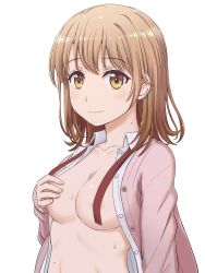 Rule 34 | 10s, 1girl, bad id, bad twitter id, breasts, brown eyes, brown hair, cleavage, collarbone, covering privates, covering breasts, covering nipples, highres, inanaki shiki, isshiki iroha, looking at viewer, no bra, open clothes, open shirt, school uniform, shirt, short hair, simple background, smile, solo, sweat, upper body, yahari ore no seishun lovecome wa machigatteiru.