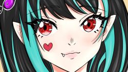 Rule 34 | 1girl, nanashi inc., black hair, blue hair, blush, chika h sat, closed mouth, commentary request, eye hair ornament, facial tattoo, fang, fang out, heart, heart tattoo, lips, looking at viewer, multicolored hair, pointy ears, portrait, red eyes, shishio chris, smile, solo, sugar lyric, tattoo, two-tone hair, virtual youtuber
