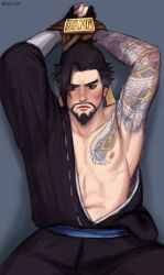 Rule 34 | 1boy, abs, against wall, bara, beard, blush, facial hair, hanzo (overwatch), looking at viewer, male focus, muscular, nipples, overwatch, overwatch 1, park cok, restrained, solo, tattoo