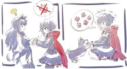 Rule 34 | 2girls, ?, blake belladonna, cape, cat tail, commentary request, iesupa, multiple girls, muted color, pantyhose, paw print, ruby rose, rwby, simple background, speech bubble, tail, tail wagging, translation request, welsh corgi, white background, zwei (rwby)