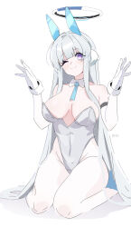 Rule 34 | 1girl, absurdres, animal ears, blue archive, blue necktie, breasts, closed mouth, detached collar, fake animal ears, gloves, grey hair, grey leotard, halo, highres, large breasts, leotard, long hair, looking at viewer, necktie, noa (blue archive), ocha (popopogg), one eye closed, playboy bunny, purple eyes, rabbit ears, simple background, sitting, smile, solo, very long hair, white background, white gloves