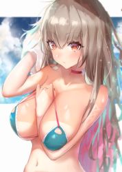 Rule 34 | 1girl, aqua bikini, azur lane, bad id, bad pixiv id, bare shoulders, bikini, blue sky, blush, breasts, choker, cleavage, closed mouth, collarbone, commentary request, feather boa, formidable (azur lane), formidable (the lady of the beach) (azur lane), grey hair, hair between eyes, highres, large breasts, long hair, looking at viewer, navel, pink choker, red eyes, ruwoka, sky, solo, swimsuit, tan, tanline, towel, very long hair
