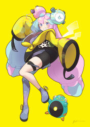 Rule 34 | 1girl, absurdres, bellibolt, bike shorts, blush, boots, character hair ornament, commentary request, creatures (company), game freak, grey footwear, grey shirt, grin, hair ornament, highres, iono (pokemon), itou kazuki, jacket, long hair, multicolored hair, nintendo, pokemon, pokemon (creature), pokemon sv, sharp teeth, shirt, single leg pantyhose, sleeves past fingers, sleeves past wrists, smile, star (symbol), teeth, thigh strap, twintails, two-tone hair, yellow background, yellow jacket