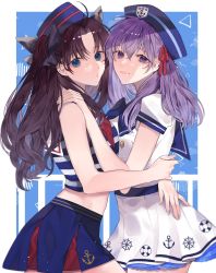 Rule 34 | 2girls, :o, alternate costume, bare arms, bare shoulders, black bow, black hair, blue background, blue eyes, blue headwear, blue shirt, blue skirt, bow, brown hair, cowboy shot, dress, fate/stay night, fate (series), from side, hair between eyes, hair bow, hair ribbon, hat, highres, hug, long hair, looking at viewer, matou sakura, multicolored clothes, multicolored skirt, multiple girls, parted bangs, purple eyes, purple hair, red ribbon, red skirt, ribbon, sailor dress, shimatori (sanyyyy), shirt, siblings, sisters, skirt, sleeveless, sleeveless shirt, smile, striped, tohsaka rin, two-tone shirt, two side up, white background, white shirt