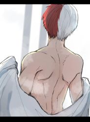 1boy back back_focus bare_back boku_no_hero_academia commentary_request facing_away from_behind hands_up highres holding letterboxed male_focus miyanami_3 multicolored_hair pillarboxed red_hair shoulder_blades solo todoroki_shouto toned toned_male topless_male towel two-tone_hair upper_body white_hair