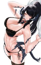 Rule 34 | 1girl, abs, absurdres, au ra, black bra, black horns, black panties, black thighhighs, bra, breasts, deroo, dragon horns, dragon tail, final fantasy, final fantasy xiv, from above, heart collar, highres, horns, large breasts, looking at viewer, navel, panties, sapphira nyx, scales, side-tie panties, tail, thighhighs, underwear, underwear only, warrior of light (ff14), white background