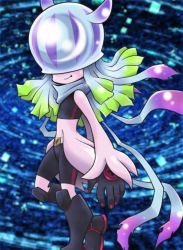Rule 34 | 1girl, covered eyes, digimon, digimon (creature), digimon ghost game, fang, gloves, jellyfish girl, looking at viewer, navel, screencap, simple background, smile, standing, tentacle hair, tentacles, teslajellymon, third-party edit, yabuno ten&#039;ya