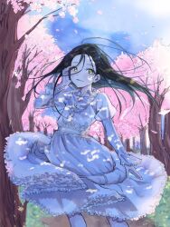 Rule 34 | 1girl, black hair, blush, cherry blossoms, dress, feet out of frame, floating hair, highres, kamisaki hikaru, long hair, long sleeves, looking at viewer, medalist (manga), moc 0625, outdoors, parted lips, petals, smile, solo, tree, white dress, yellow eyes