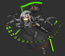 Rule 34 | 1girl, android, axe, commentary, dagger, dual wielding, energy sword, extra arms, grey hair, highres, holding, knife, long hair, mecha, orange eyes, original, ran system, robot, simple background, sword, tail, weapon, whip