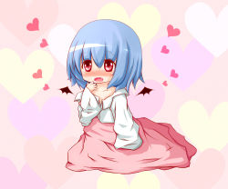 Rule 34 | 1girl, bat wings, blue hair, detached wings, fang, hair between eyes, heart, heart background, kisa (k isa), long sleeves, open mouth, oversized clothes, red eyes, remilia scarlet, short hair, sleeves past wrists, solo, touhou, wings
