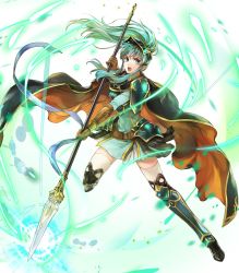 Rule 34 | 1girl, aqua eyes, aqua hair, armor, armored boots, belt, boots, bracelet, breastplate, brown gloves, cape, dress, earrings, eirika (fire emblem), elbow gloves, energy, female focus, fire emblem, fire emblem: the sacred stones, fire emblem heroes, full body, gloves, hair ornament, highres, holding, holding polearm, holding spear, holding weapon, jewelry, long hair, long sleeves, matching hair/eyes, nintendo, official art, open mouth, polearm, ponytail, short dress, shoulder armor, sidelocks, solo, spear, thighhighs, transparent background, turtleneck, wada sachiko, weapon, white thighhighs