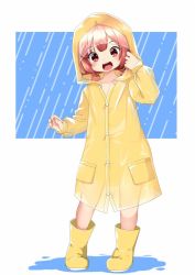 Rule 34 | 1girl, blush, boots, coat, full body, kaiboukan no. 4 (kancolle), kantai collection, long sleeves, low twintails, nassukun, open mouth, rain, raincoat, red eyes, red hair, rubber boots, see-through, short twintails, simple background, solo, standing, twintails, wet, wet clothes, yellow coat, yellow footwear
