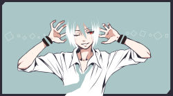 Rule 34 | 1boy, ;), arms up, blue background, blue hair, blue necktie, border, framed, hair between eyes, looking to the side, male focus, matsuda poiyo, matsudappoiyo, necktie, one eye closed, orihara sachiko, parted lips, red eyes, shirt, simple background, smile, solo, upper body, utau, white shirt, wink, wristband